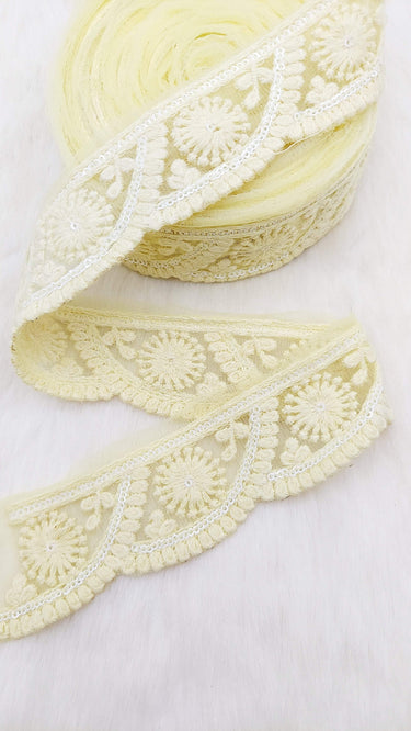 Scallop Net Fabric Lace Trim Floral Embroidery and White Sequins, Floral Sari Border, Decorative Trim